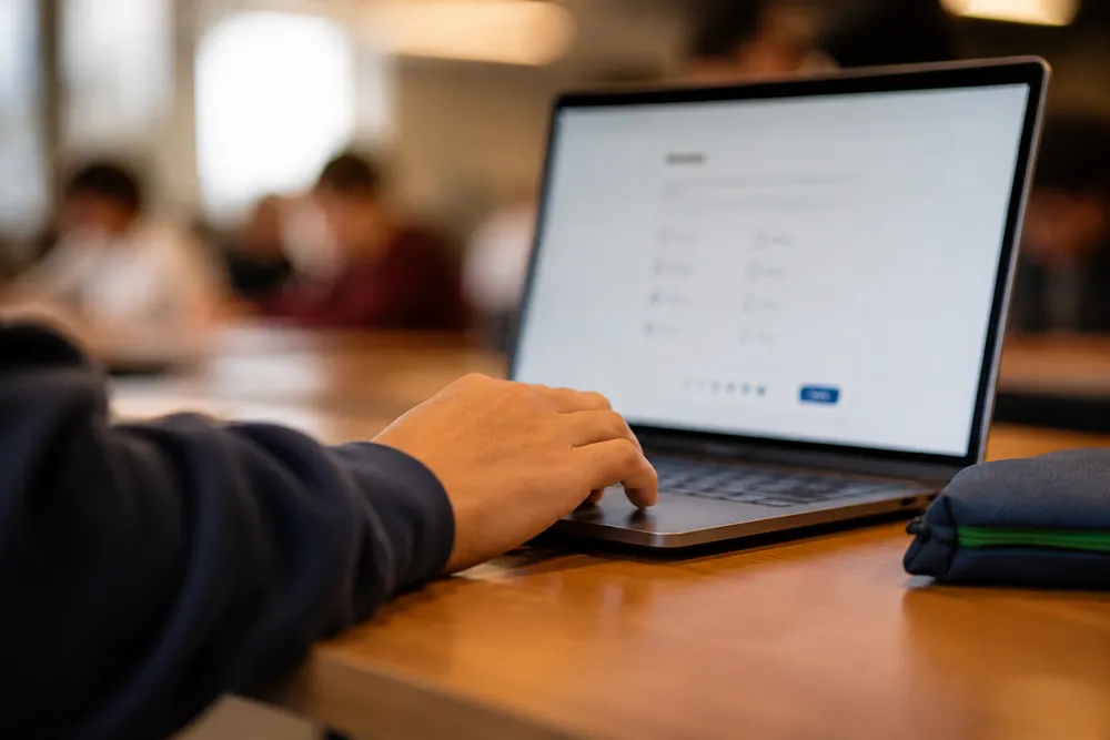 Mão navegando no touchpad de notebook ao fazer simulado para ENEM digital.