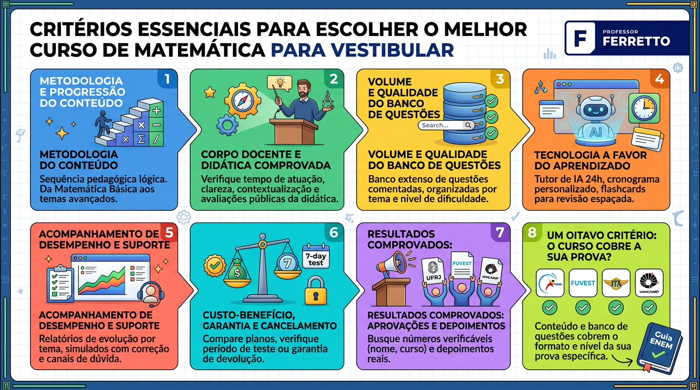 Critérios essenciais para escolher o melhor curso preparatório de matemática online: Metodologia e progressão do conteúdo; Corpo docente e didática comprovada; Volume e qualidade do banco de questões; Tecnologia a favor do aprendizado; Acompanhamento de desempenho e suporte; Custo-benefício, garantia e política de cancelamento; Resultados comprovados: aprovações e depoimentos reais e conteúdo e questões que cobre o formato específico de sua prova. • O Professor Ferretto atende a todos esses critérios! 