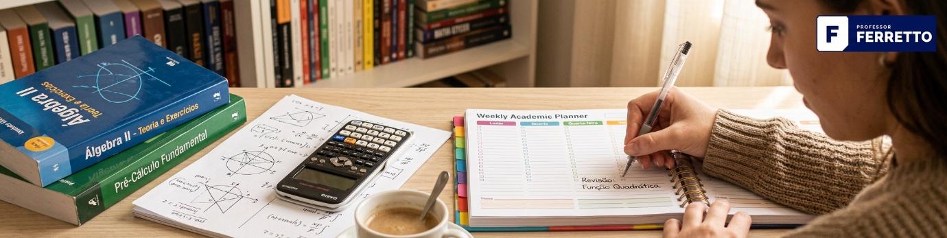 Aluno organizando um cronograma de revisão para o Enem em um planner de estudos