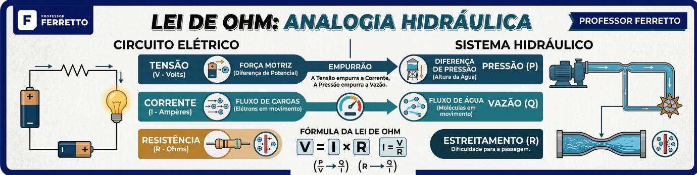 Analogia do cano de água: tensão é a pressão, corrente é a vazão e resistência é o estreitamento do cano