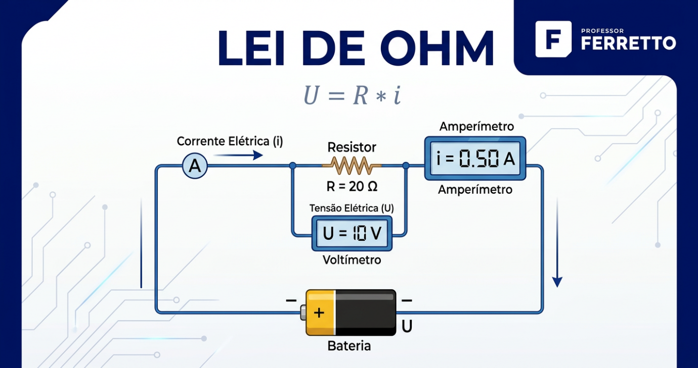 Circuito elétrico simples com pilha, resistor, amperímetro e voltímetro ilustrando a Lei de Ohm