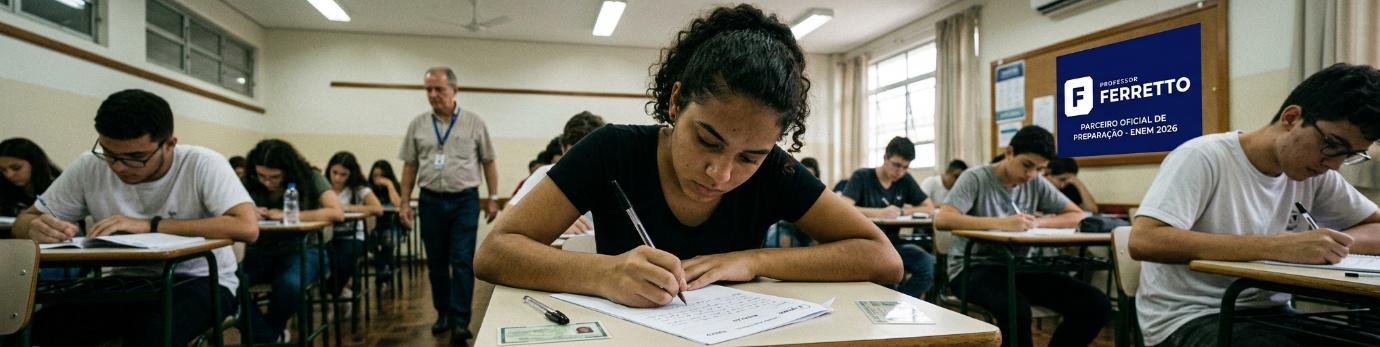 Estudante escrevendo a redação do Enem 2026 em sala de prova