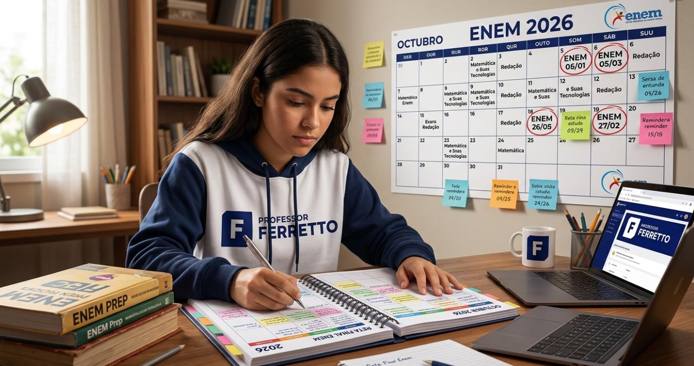 Estudante organizando o cronograma de estudos para a reta final do Enem 2026