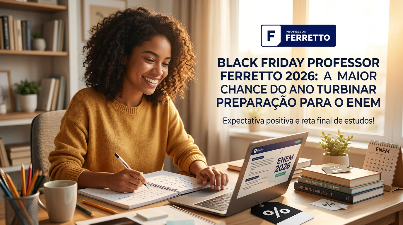 Estudante sorridente se preparando para o Enem, simbolizando a expectativa pela Black Friday do Professor Ferretto 2026