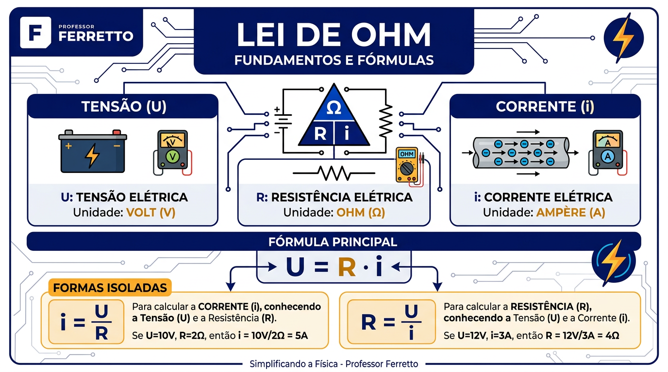 Fórmula da Lei de Ohm U = R · i e suas formas isoladas i = U/R e R = U/i com unidades volt, ampère e ohm