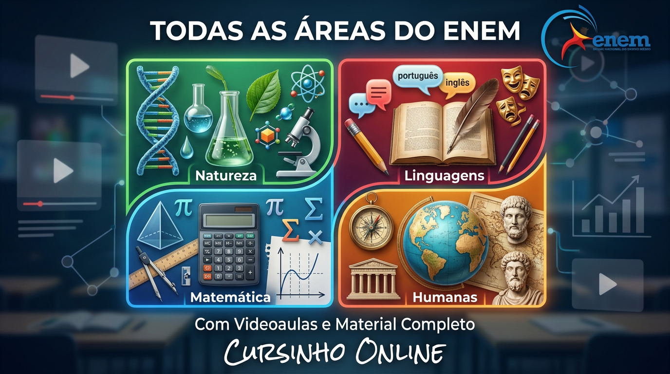Ilustração das quatro áreas do Enem e da redação, com uma lupa representando a checagem de cobertura por disciplina