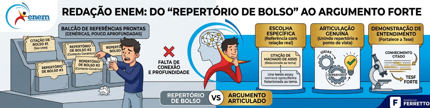 Ilustração sobre o "repertório de bolso", isto é, expressão usada para referências prontas, mas que não guardam conexão genuína com o tema proposto. Ao mesmo tempo são listados meios de se evitar o repertório de bolso.