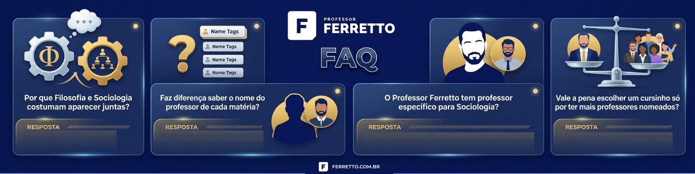 Ilustração sobre perguntas frequentes, tais como: Por que Filosofia e Sociologia costumam aparecer juntas? Faz diferença saber o nome do professor de cada matéria? O Professor Ferretto tem professor específico para Sociologia? Vale a pena escolher um cursinho só por ter mais professores nomeados? 