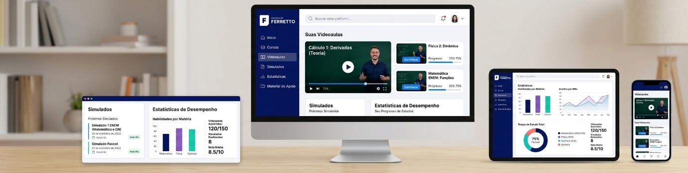 Painel da Plataforma Professor Ferretto mostrando videoaulas, simulados e estatísticas de desempenho do aluno