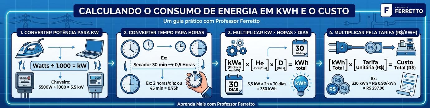 Passo a passo para calcular o consumo de energia elétrica em kWh a partir da potência e do tempo de uso