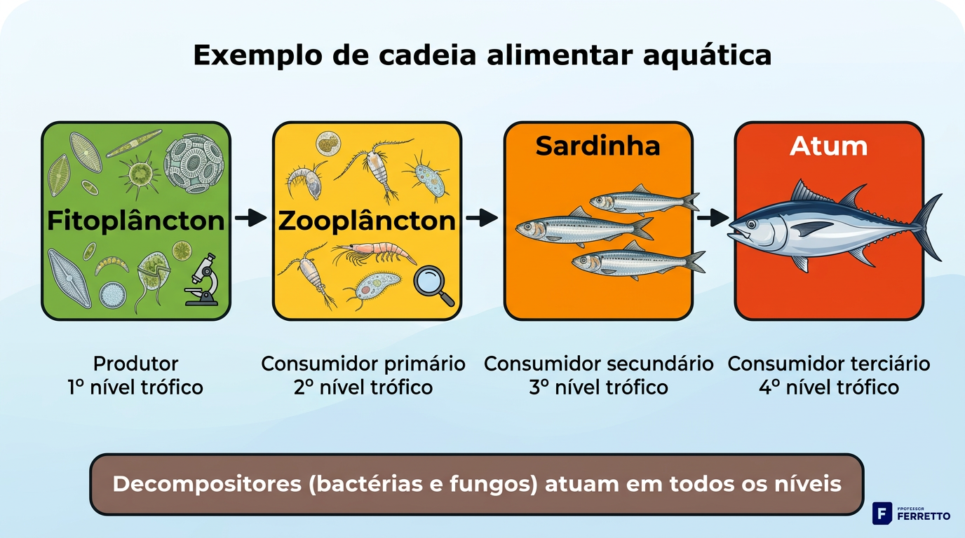Cadeia alimentar aquática: fitoplâncton, zooplâncton, sardinha e atum, com os níveis tróficos e os decompositores 