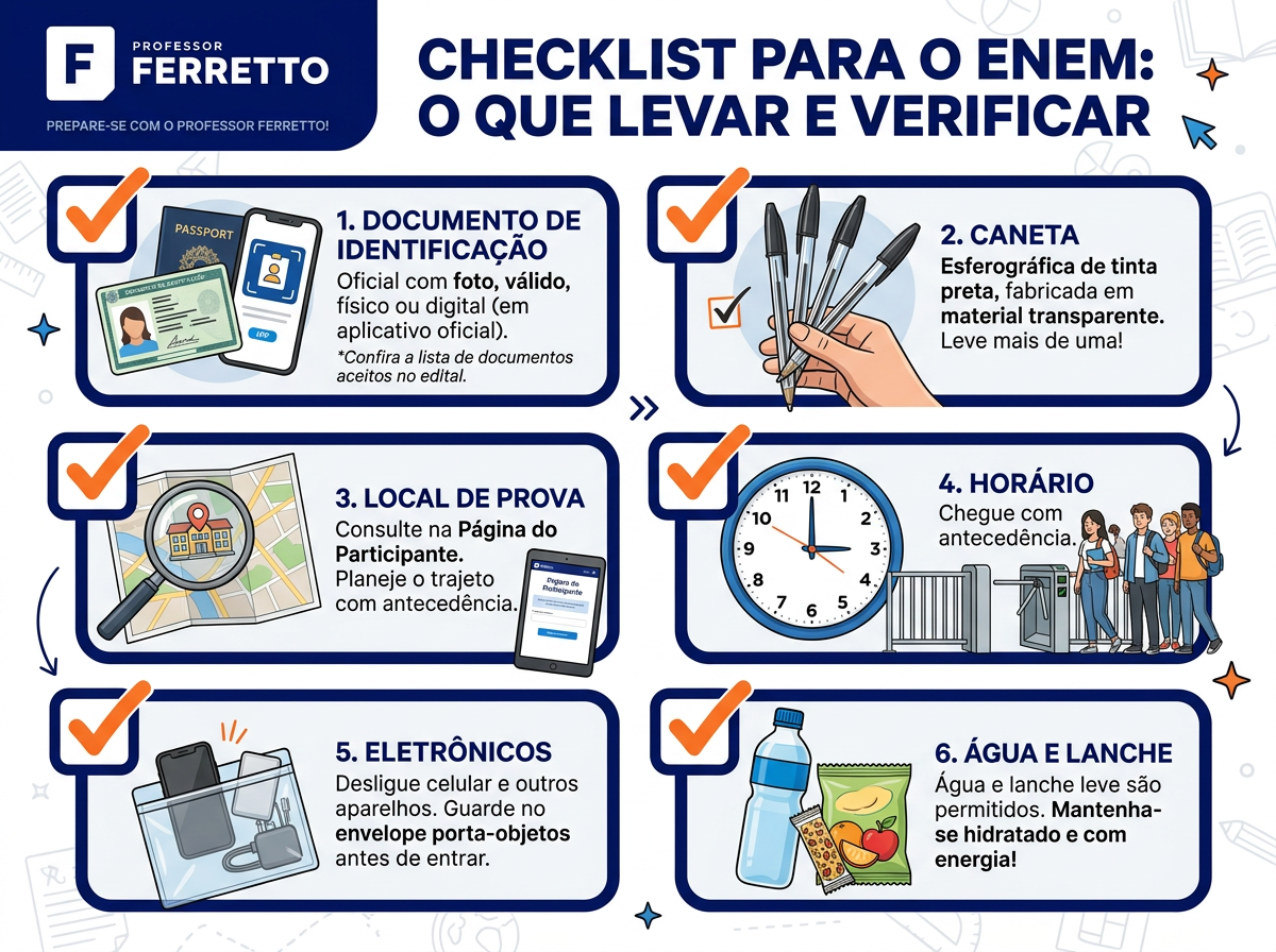 Checklist da véspera do Enem 2026 com documento oficial com foto, caneta preta transparente, local de prova, água e lanche