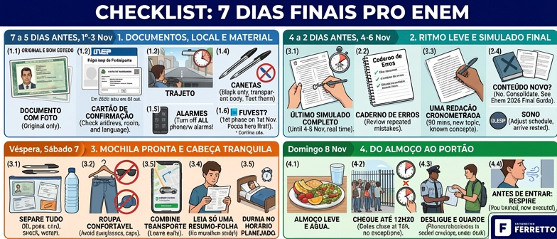 Checklist ilustrado dos sete dias finais antes do Enem 2026, dividido em quatro etapas, com caixas para marcar documentos, trajeto, simulado, mochila e horário de saída