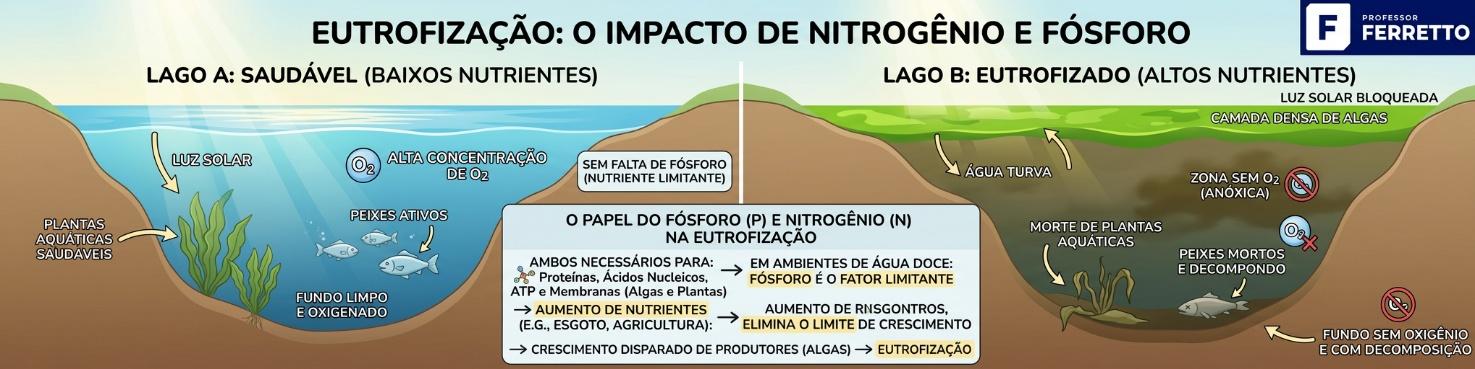 Comparação de lago saudável e lago eutrofizado em corte lateral, com algas na superfície e fundo sem oxigênio.