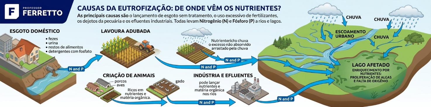 Esquema das fontes de nitrogênio e fósforo que chegam a rios e lagos: esgoto, fertilizantes, pecuária e indústria.