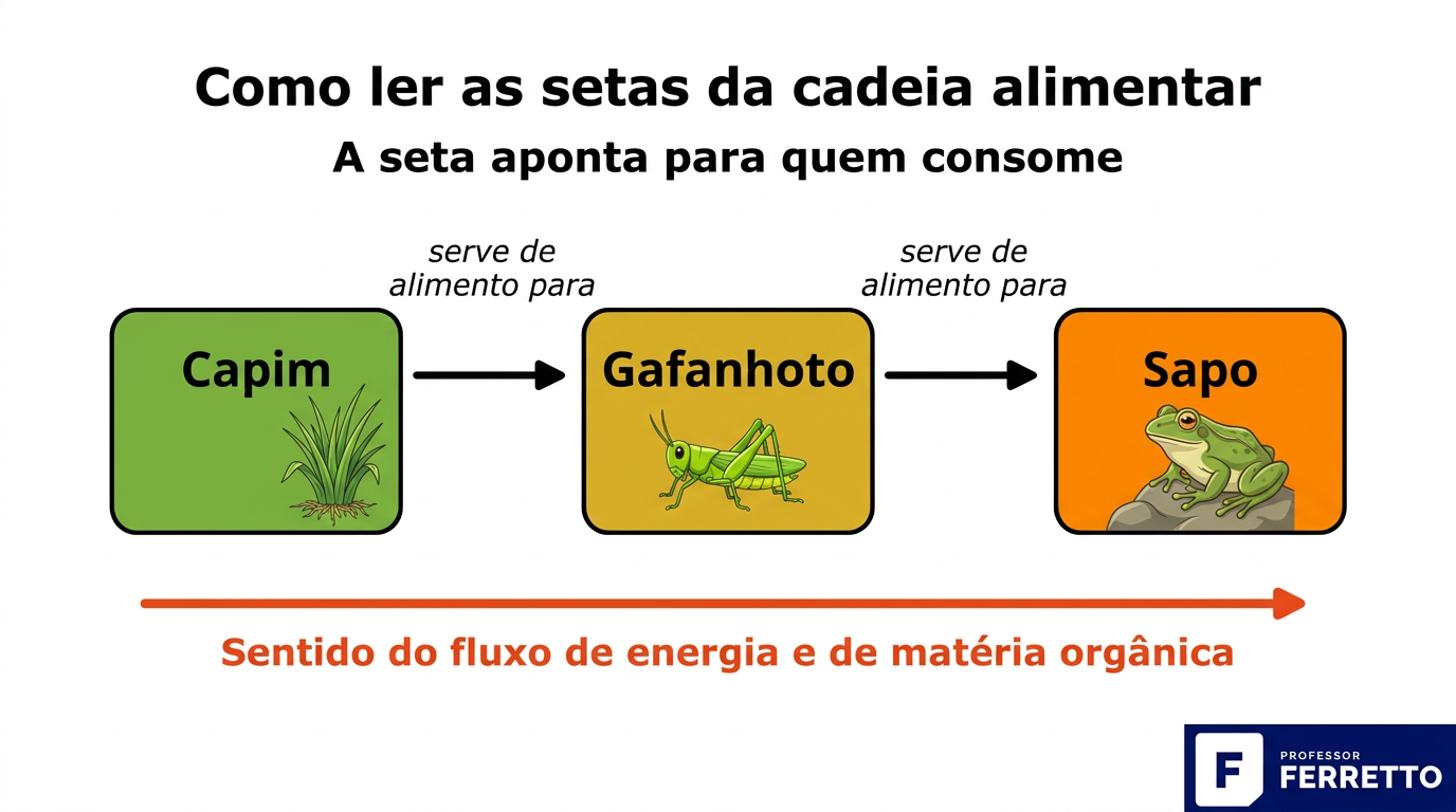 Esquema de cadeia alimentar com capim, gafanhoto e sapo ligados por setas que indicam o sentido do fluxo de energia 