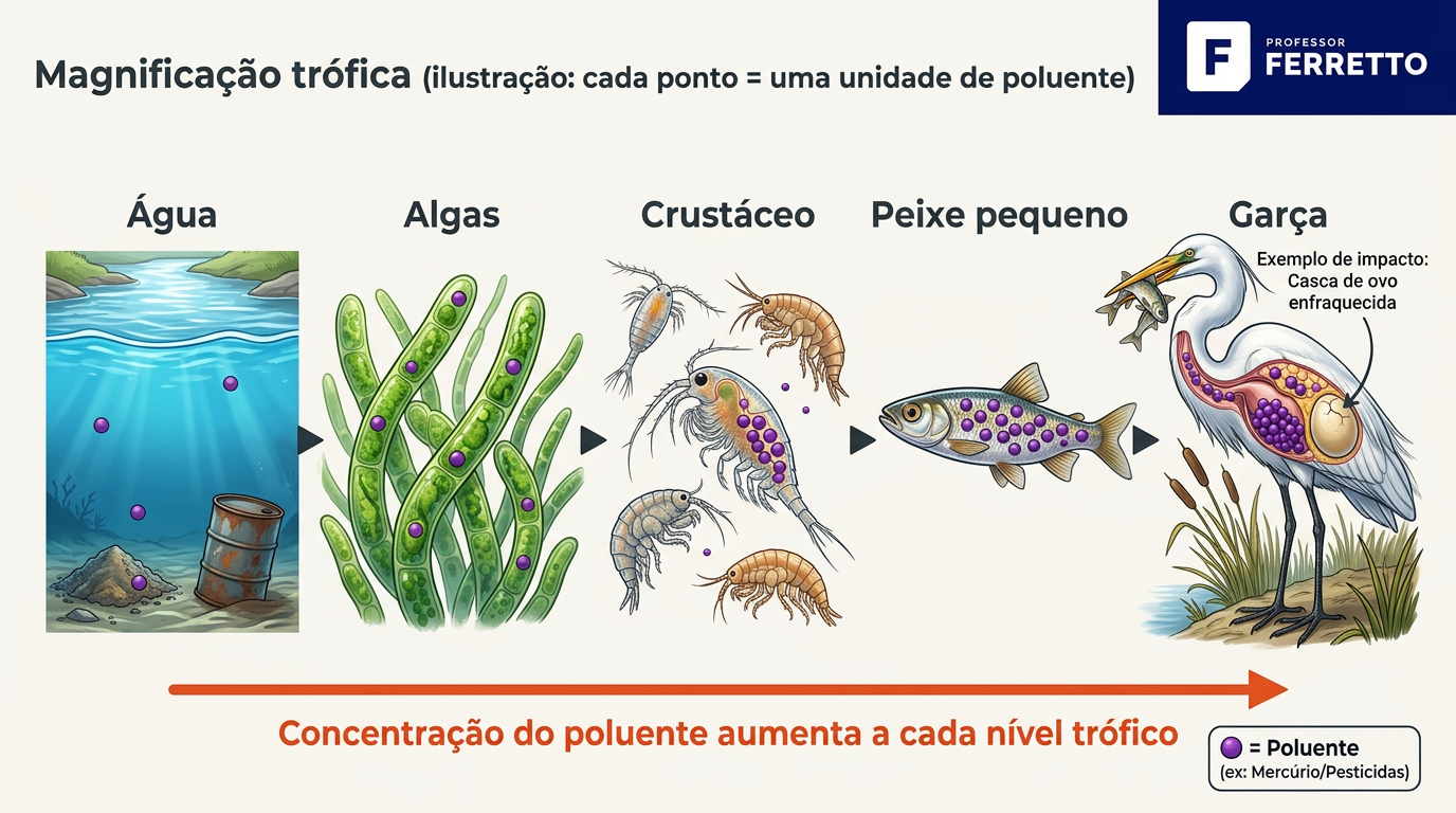 Esquema de magnificação trófica mostrando o poluente aumentando da água às algas, crustáceo, peixe pequeno e garça 