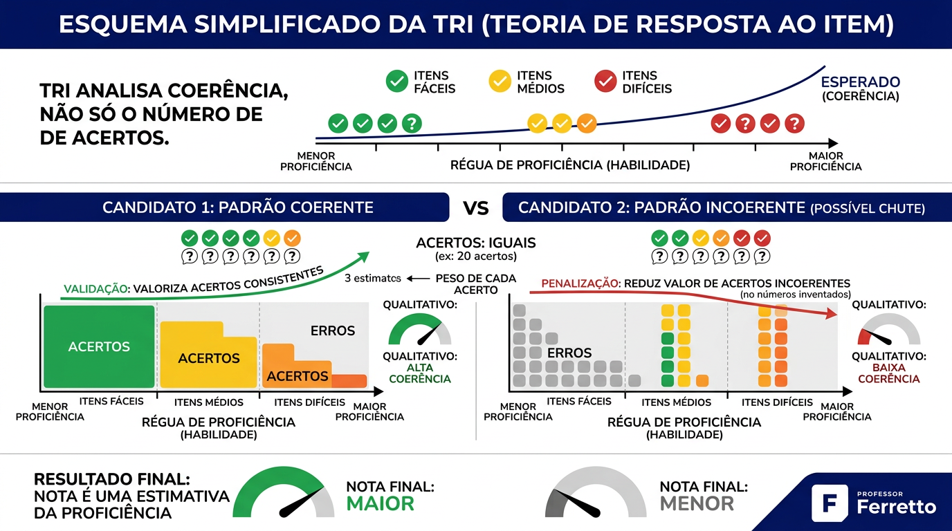 Esquema simplificado da TRI: a nota considera o padrão de acertos e não apenas o total de questões corretas