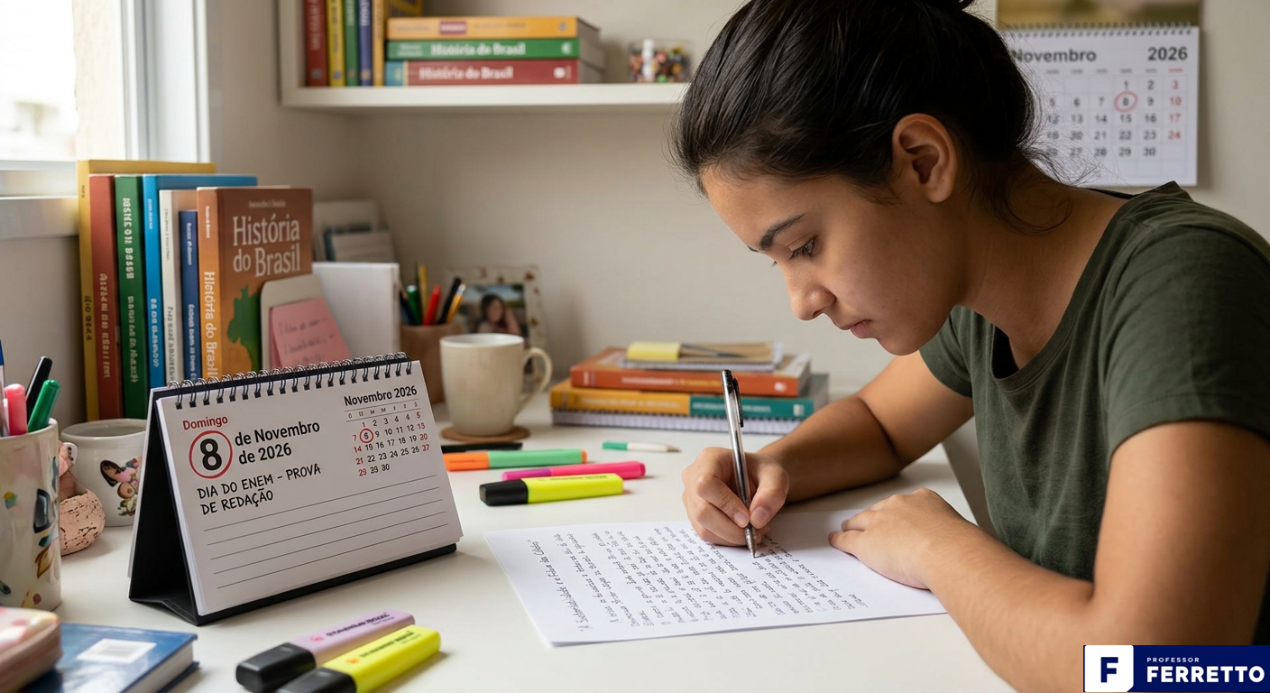 Estudante escrevendo a redação do Enem 2026 em uma mesa de estudos, com calendário marcando 8 de novembro ao fundo