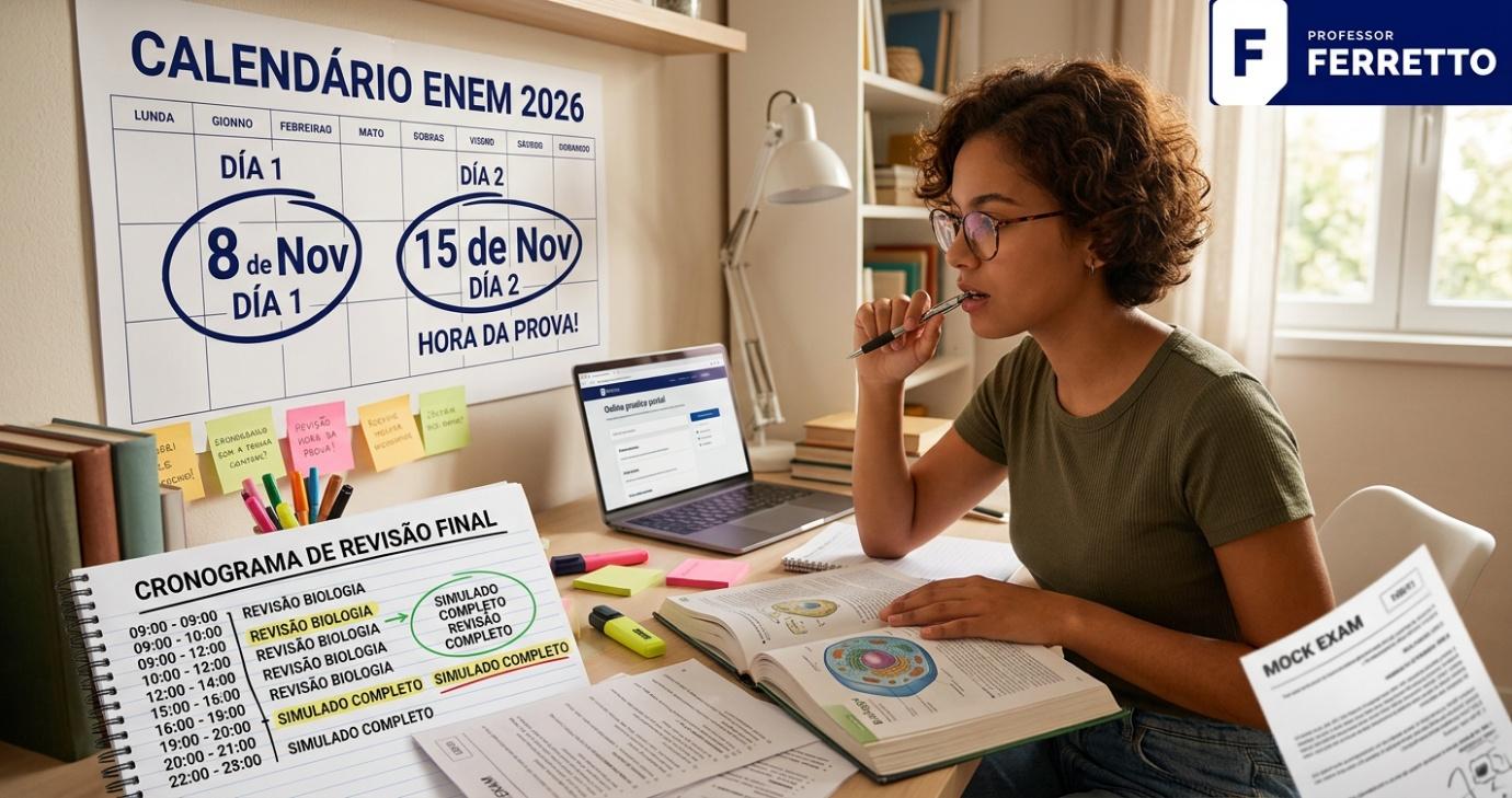 Estudante organizando o cronograma de estudos na reta final do Enem 2026, com o calendário da prova sobre a mesa