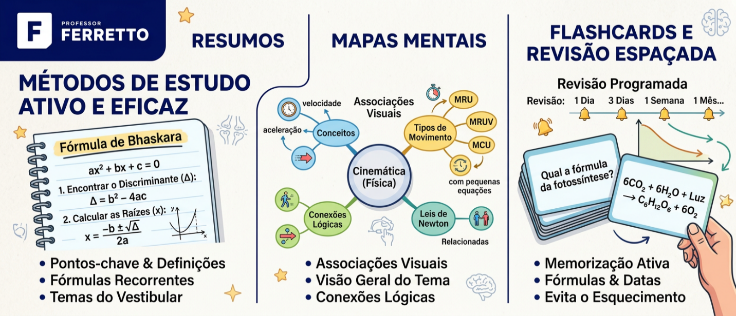 Flashcards, mapa mental e resumo usados como recursos de revisão rápida para o Enem