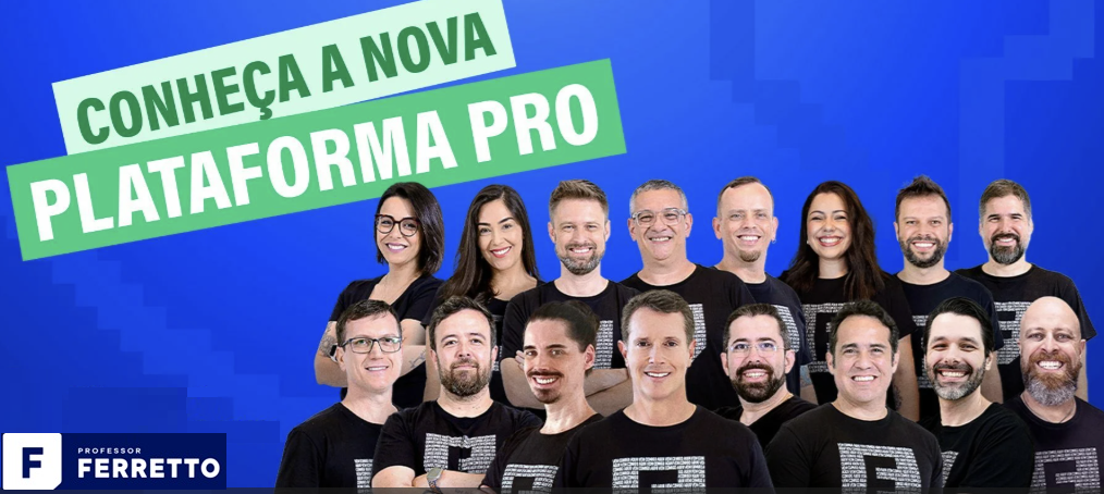 Fotos dos 16 professores da plataforma do Professor Ferretto, com nome e disciplina