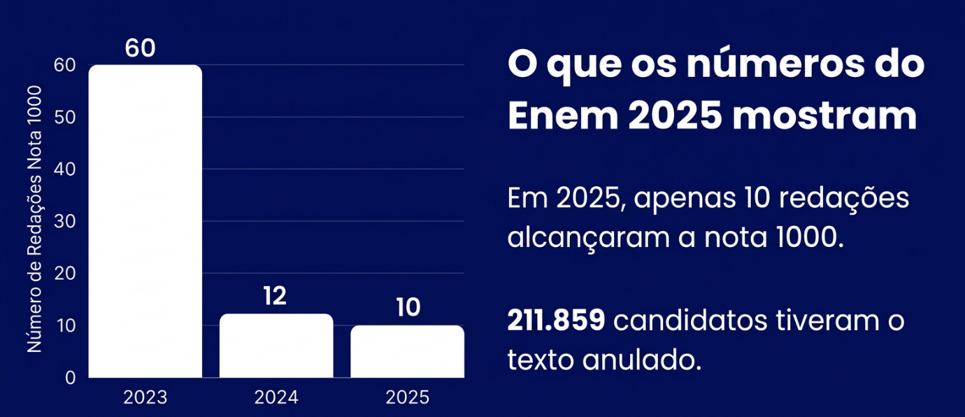 Gráfico de barras com as redações nota 1000 no Enem: 60 em 2023, 12 em 2024 e 10 em 2025