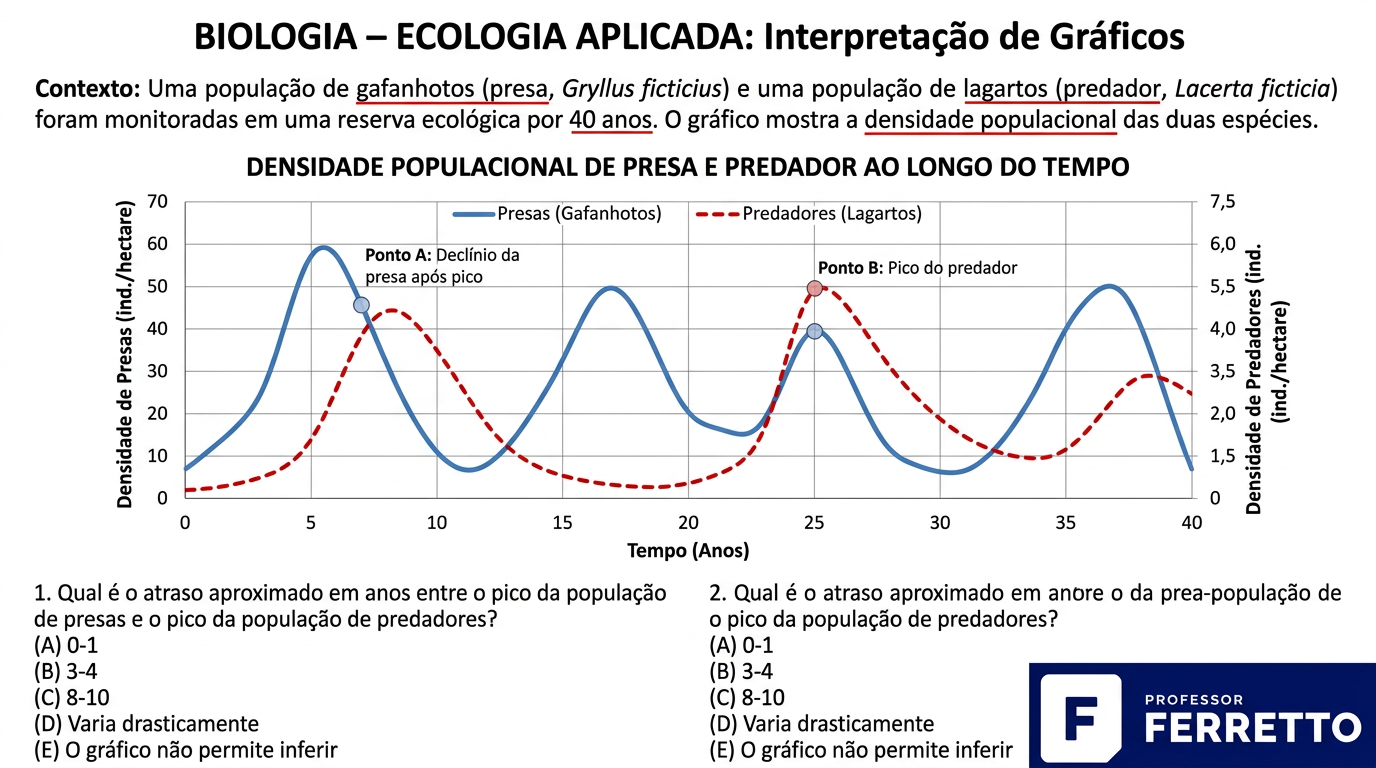 Gráfico ilustrativo de linhas com a variação das populações de presa e predador ao longo do tempo, tema comum em Ecologia