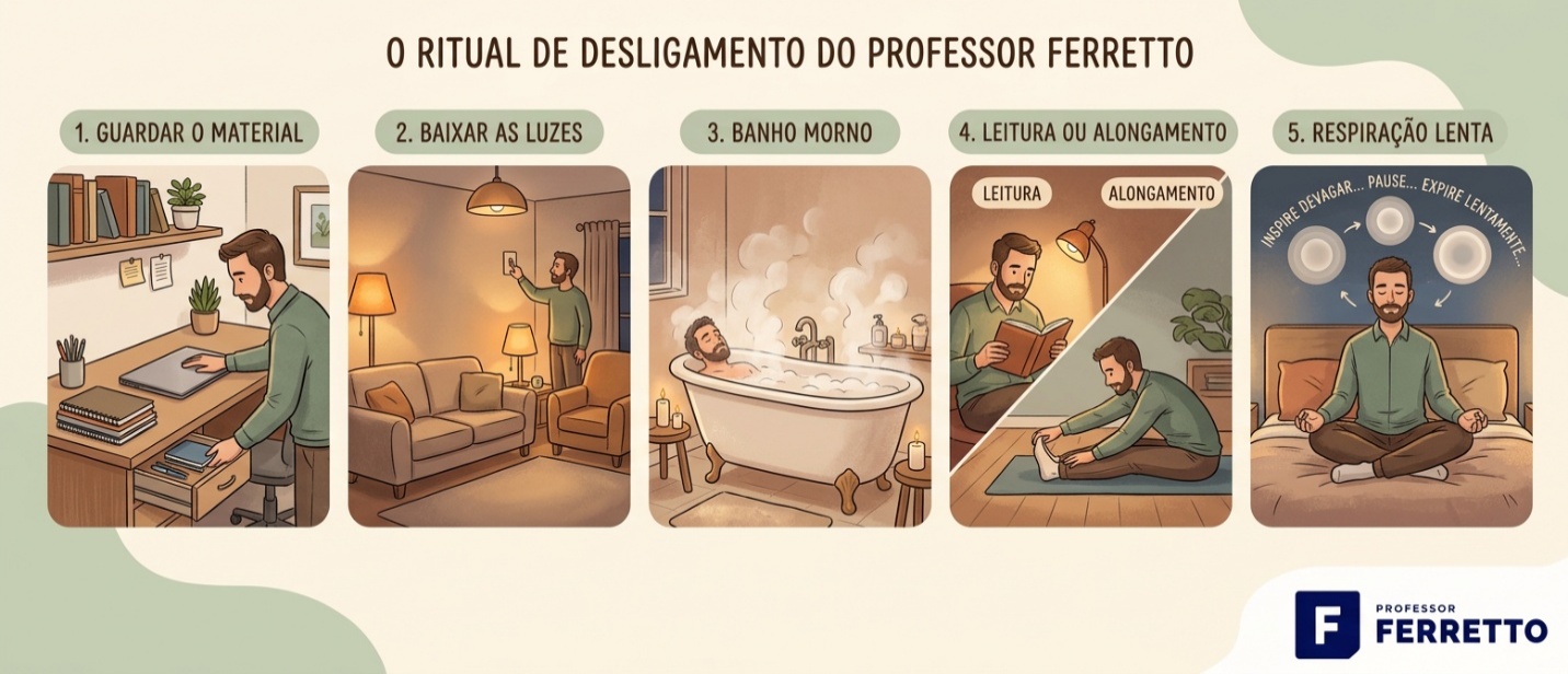 Ilustração do ritual de desligamento antes de dormir com cinco passos para a semana do Enem