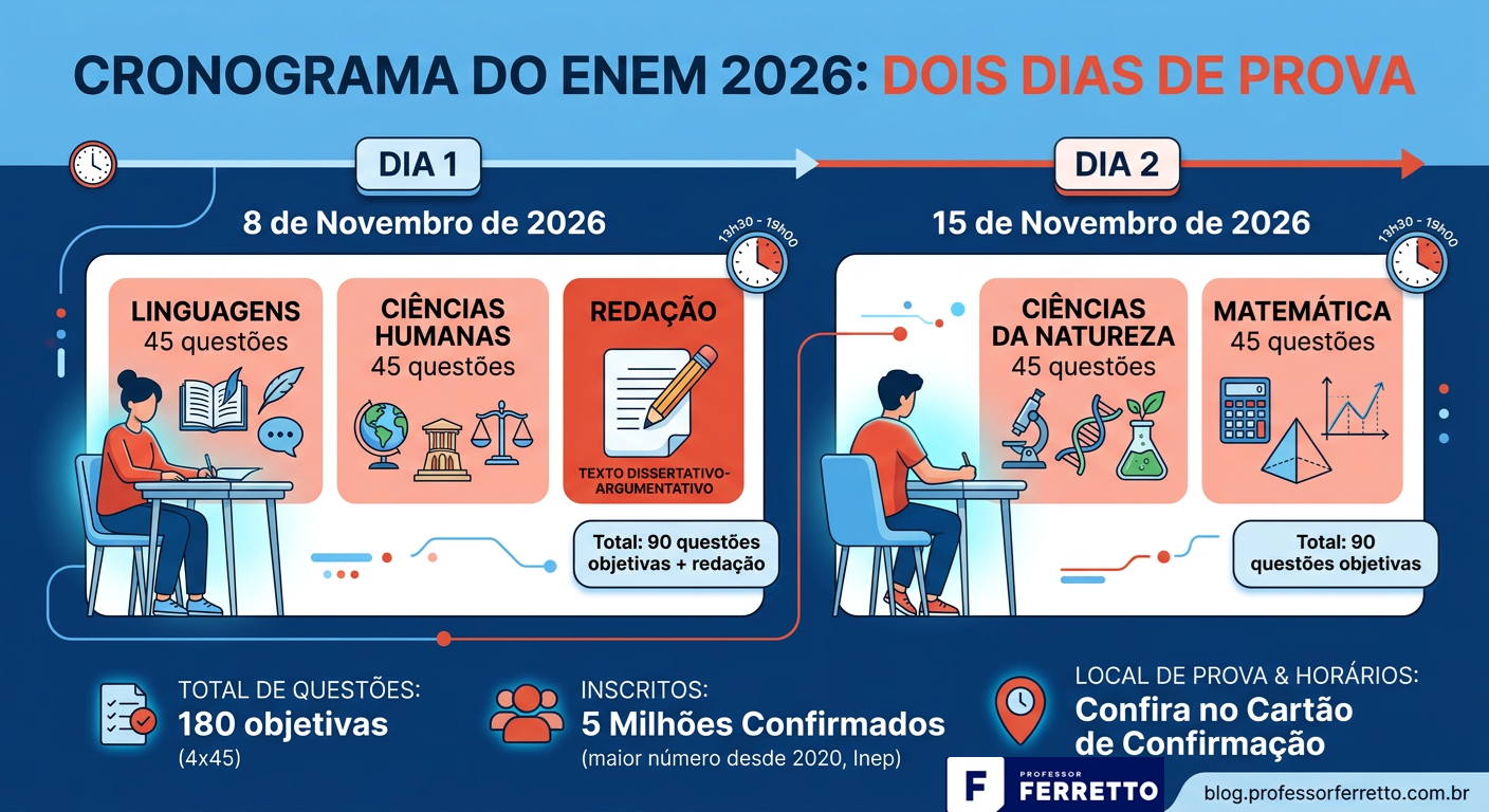 Infográfico com os dois dias do Enem 2026: 8 e 15 de novembro, 45 questões por área e redação no primeiro dia