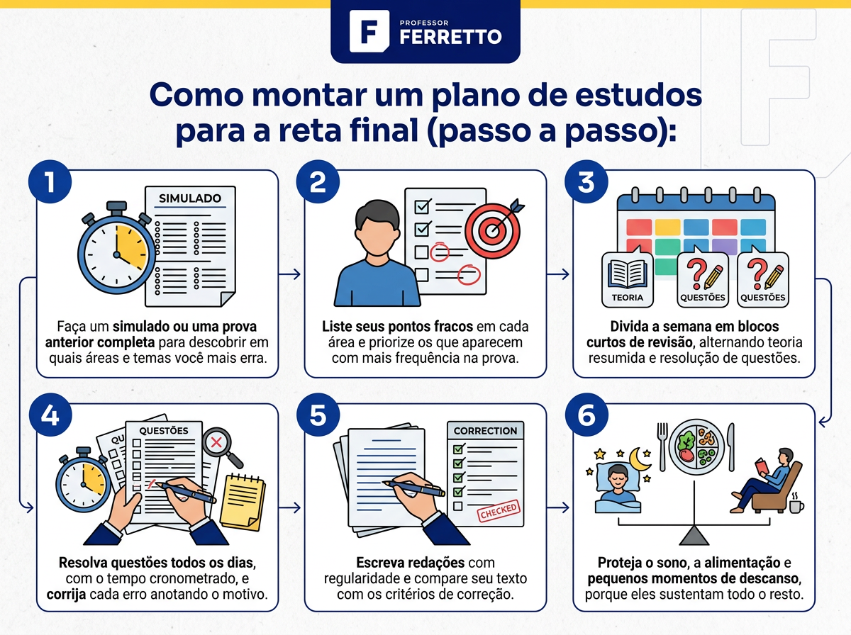 Infográfico com os seis passos do plano de estudos para a reta final do Enem, de mapear lacunas a proteger o sono