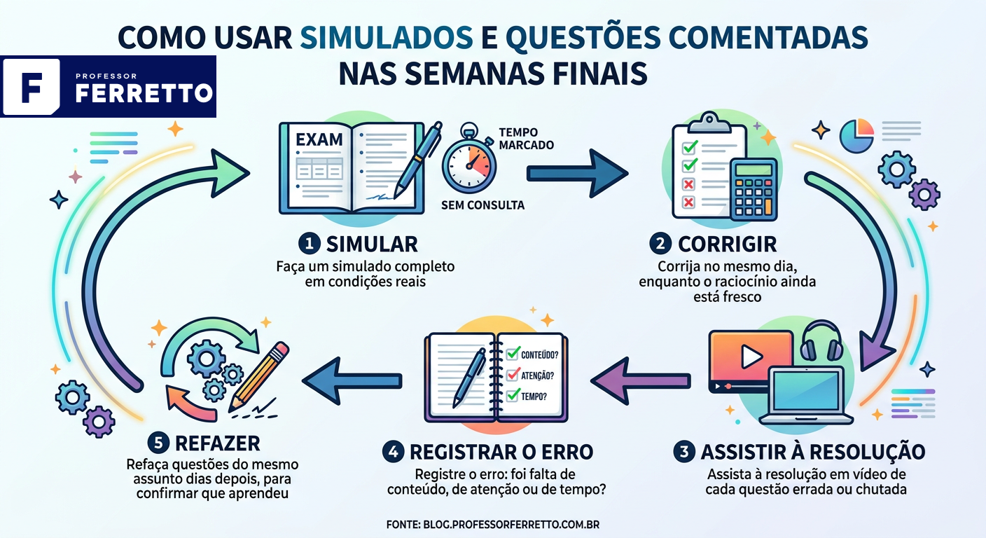 Infográfico do ciclo de estudo com simulados: simular, corrigir, assistir à resolução, registrar o erro e refazer