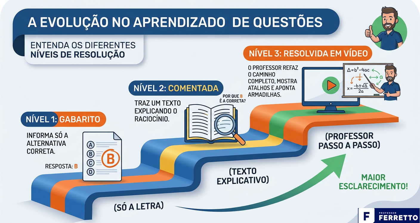 Infográfico em três degraus: questão com gabarito, questão comentada e questão resolvida em vídeo