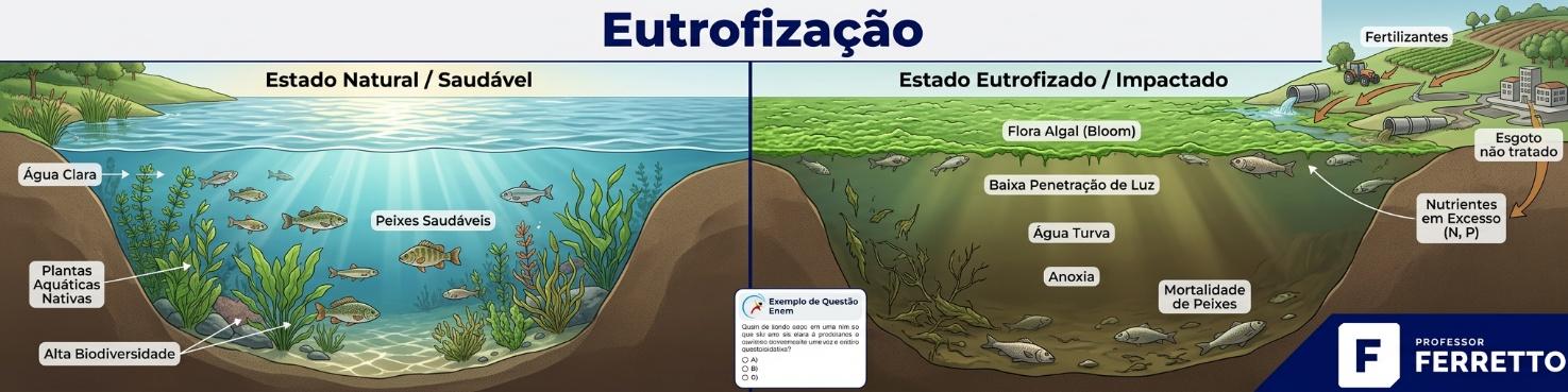 Lago dividido entre água limpa e água coberta por floração de algas, ilustrando a eutrofização