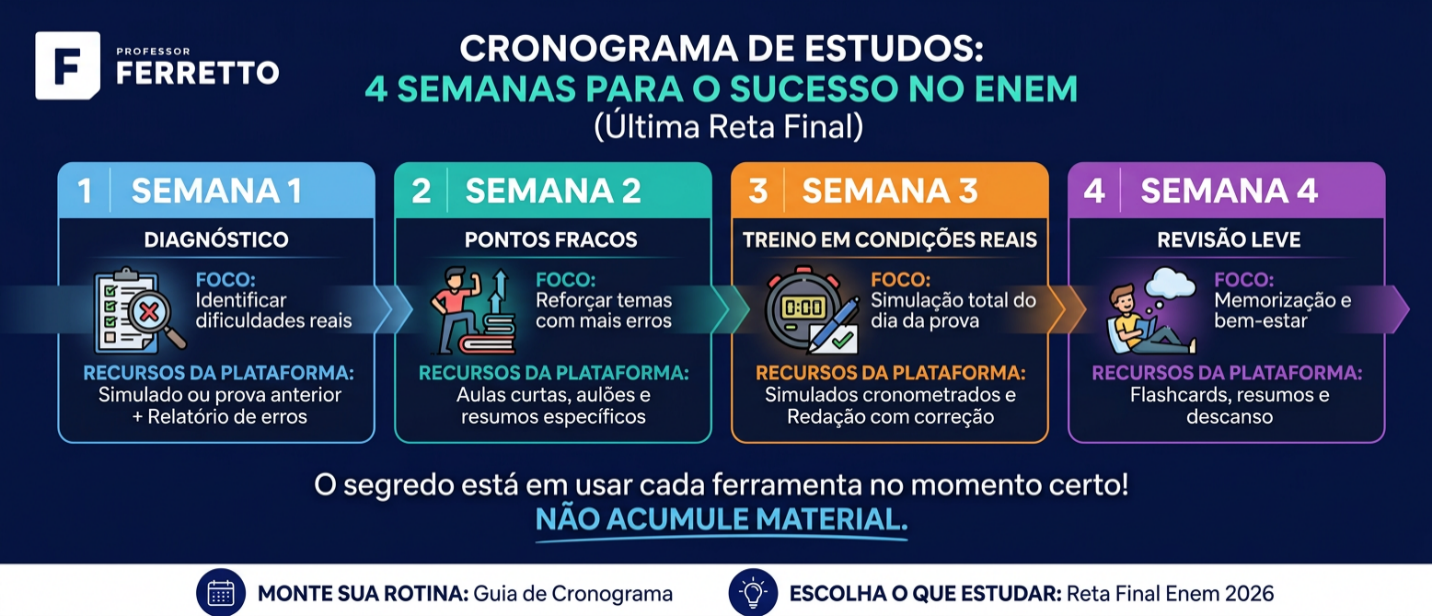Linha do tempo de 4 semanas para usar a plataforma na revisão intensiva do Enem