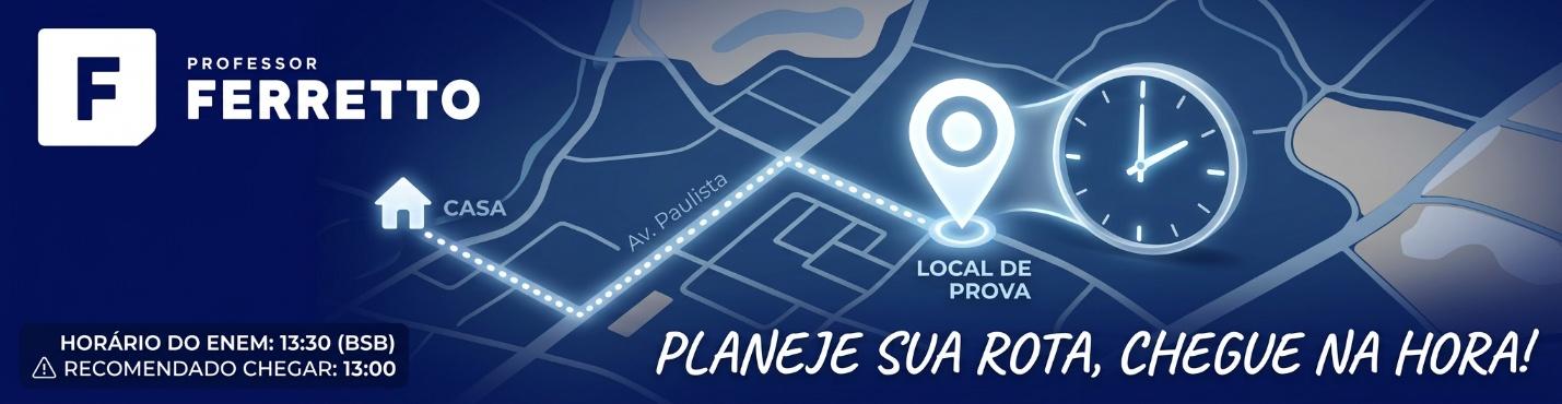 Mapa com a rota de casa até o local de prova do Enem 2026 e relógio marcando o horário do teste