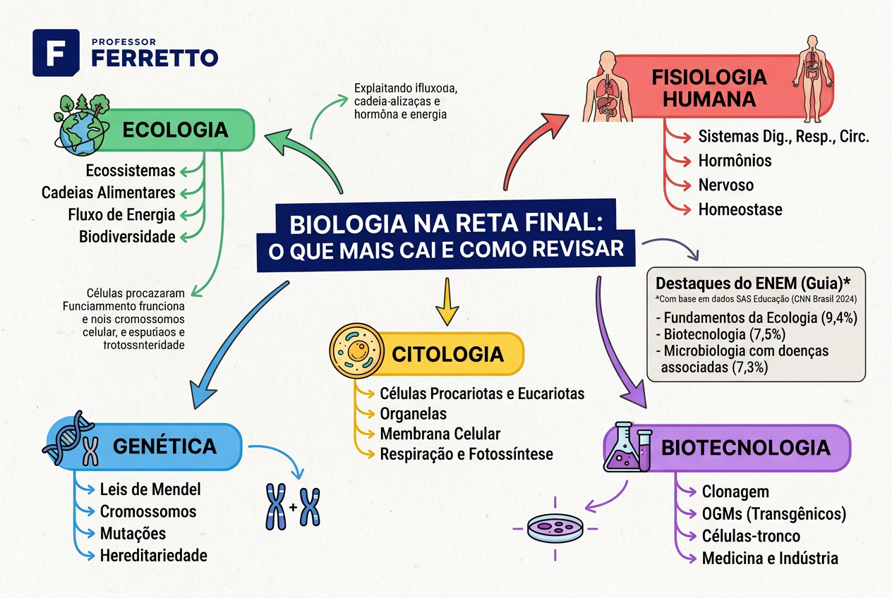 Mapa mental de revisão de Biologia para o Enem com ecologia, fisiologia humana, citologia, genética e biotecnologia