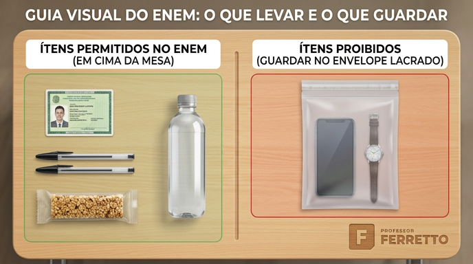 Mesa vista de cima com documento de identidade, caneta preta de corpo transparente, garrafa de água e lanche de um lado e, do outro, um envelope porta-objetos lacrado com celular e relógio dentro.