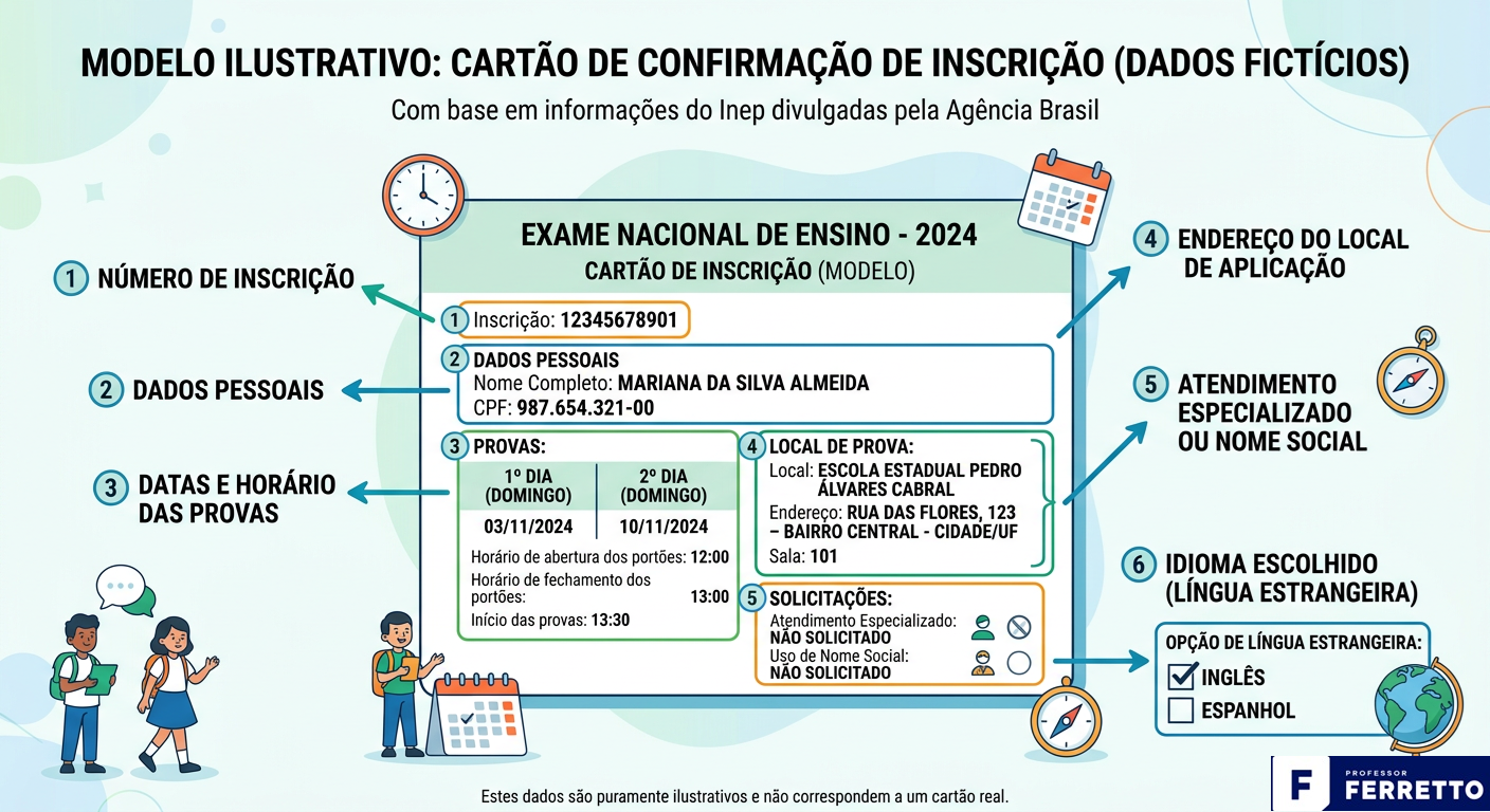 Modelo ilustrativo do cartão de confirmação do Enem 2026 com inscrição, data, horário, endereço e idioma