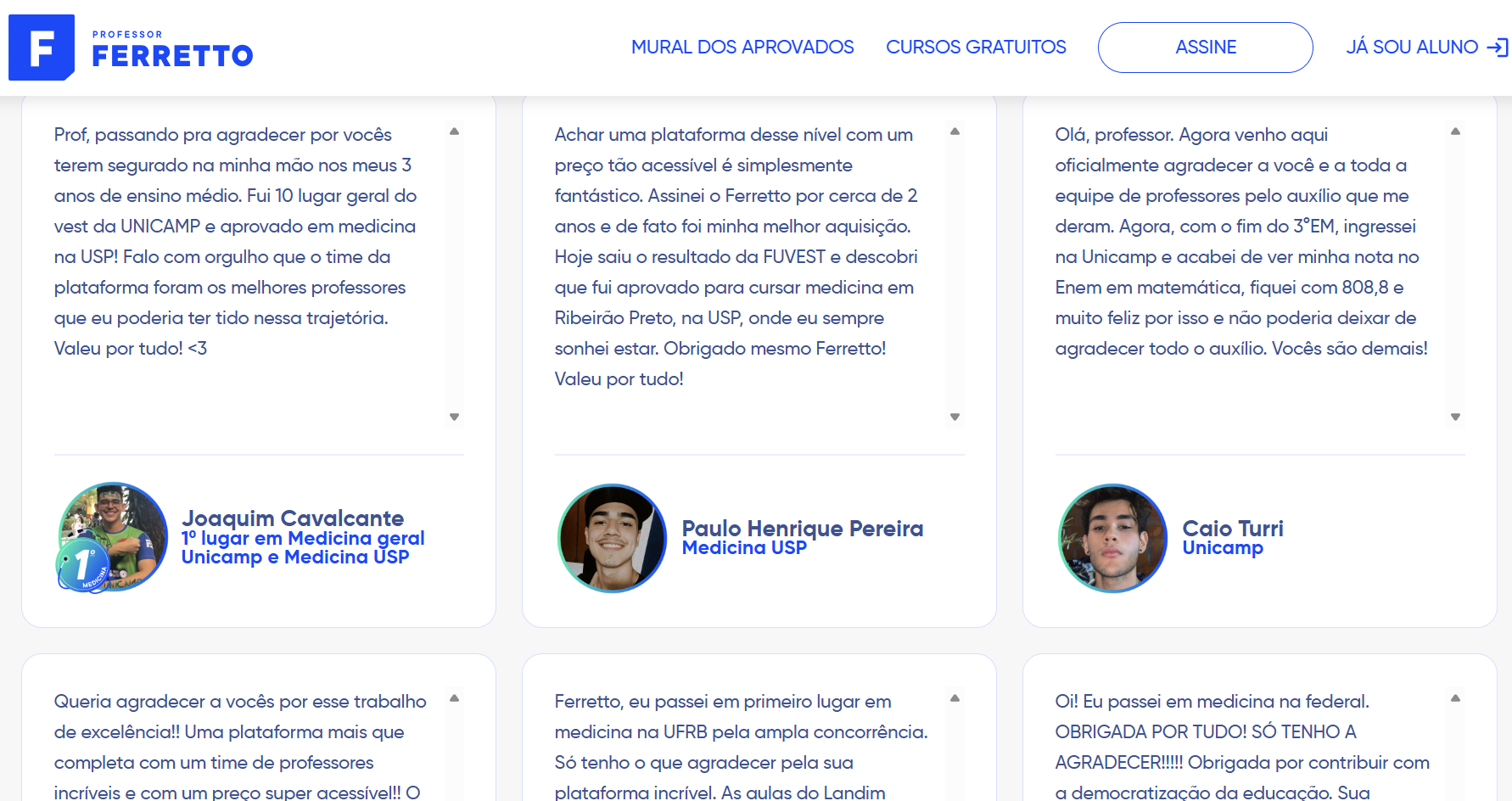 Mural dos Aprovados do Professor Ferretto com depoimentos de estudantes de várias universidades