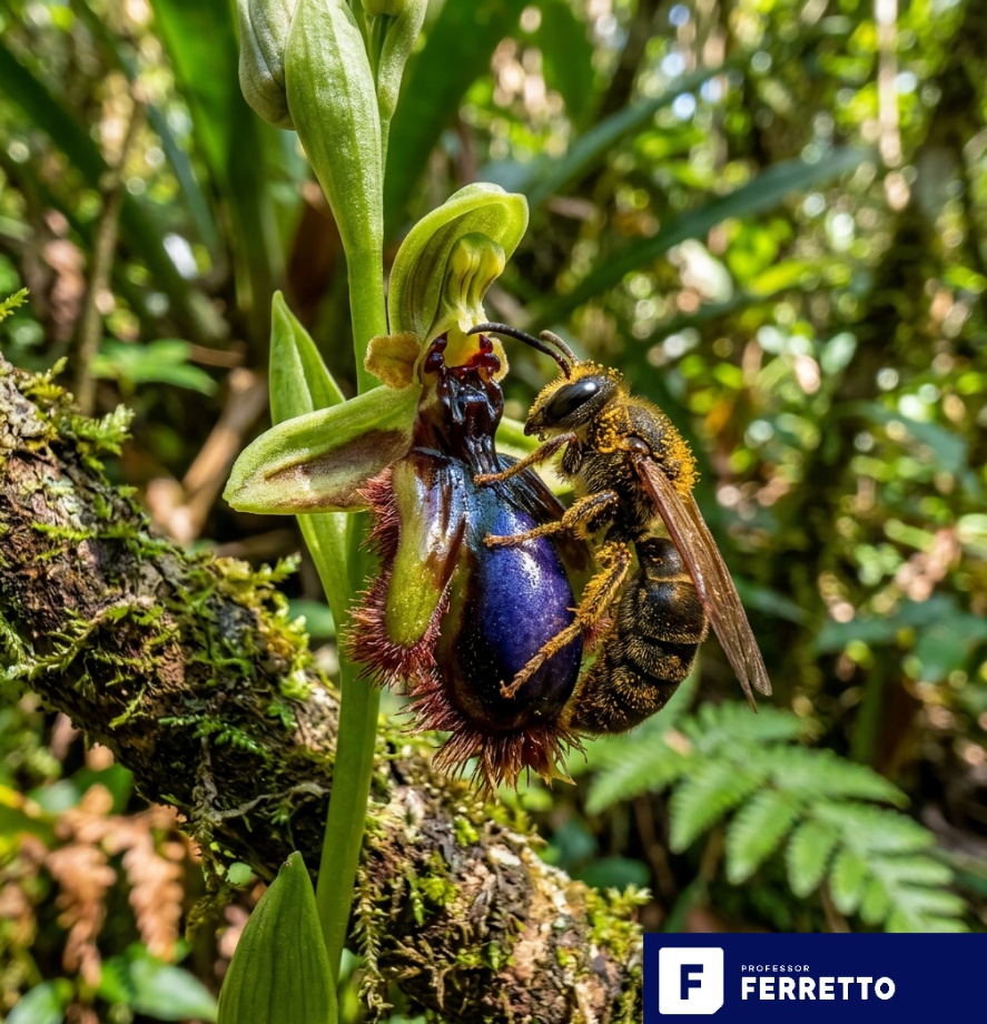 Orquídea que imita uma vespa fêmea e vespa macho carregando pólen, exemplo de relação ecológica cobrada no Enem