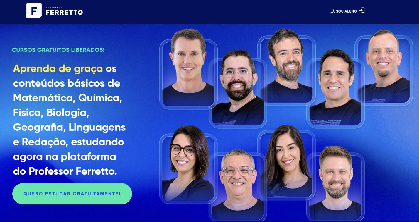 Página de acesso aos cursos gratuitos de Matemática, Física e Química do Professor Ferretto