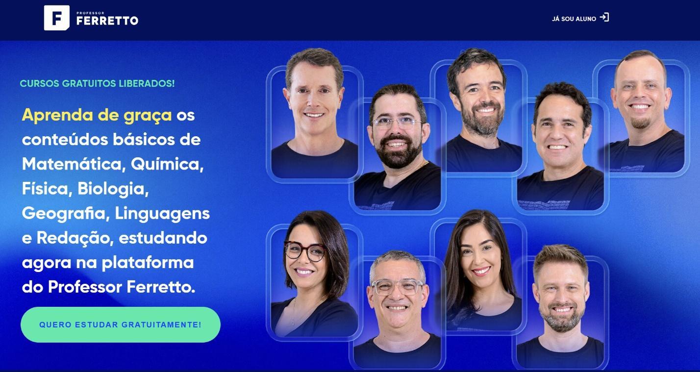 Página de acesso aos cursos gratuitos de Matemática, Física e Química do Professor Ferretto