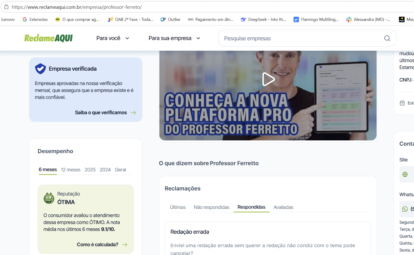 Painel de reputação do Professor Ferretto no Reclame Aqui, com nota Ótima noa últimos 6 meses (abril a setembro de 2026