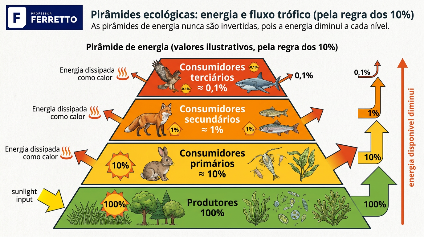 Pirâmide de energia com produtores na base e consumidores primários, secundários e terciários, com menos energia a cada nível