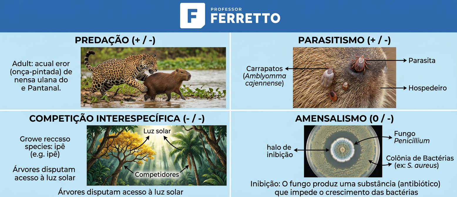 Quatro painéis ilustram predação, parasitismo, competição e amensalismo com onça, carrapato, árvores e fungo Penicillium