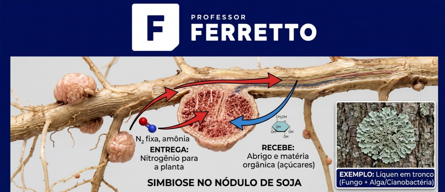 Raiz de soja com nódulos de bactérias fixadoras de nitrogênio, exemplo de mutualismo entre planta e bactéria