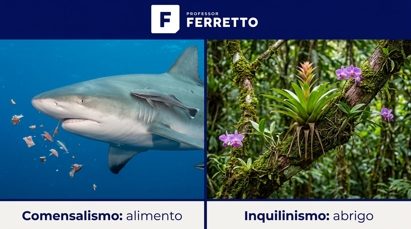 Rêmora junto a um tubarão e bromélia sobre uma árvore ilustram comensalismo e inquilinismo