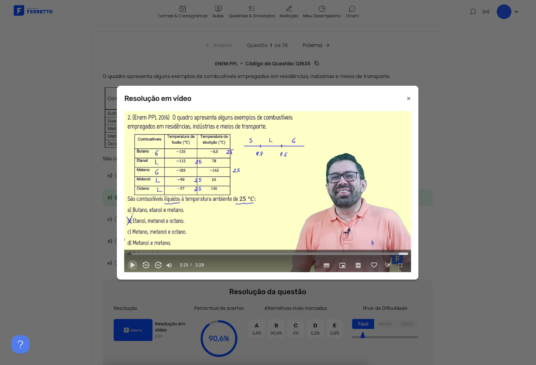 Tela da Plataforma do Professor Ferretto com uma questão do Enem e a resolução em vídeo disponível