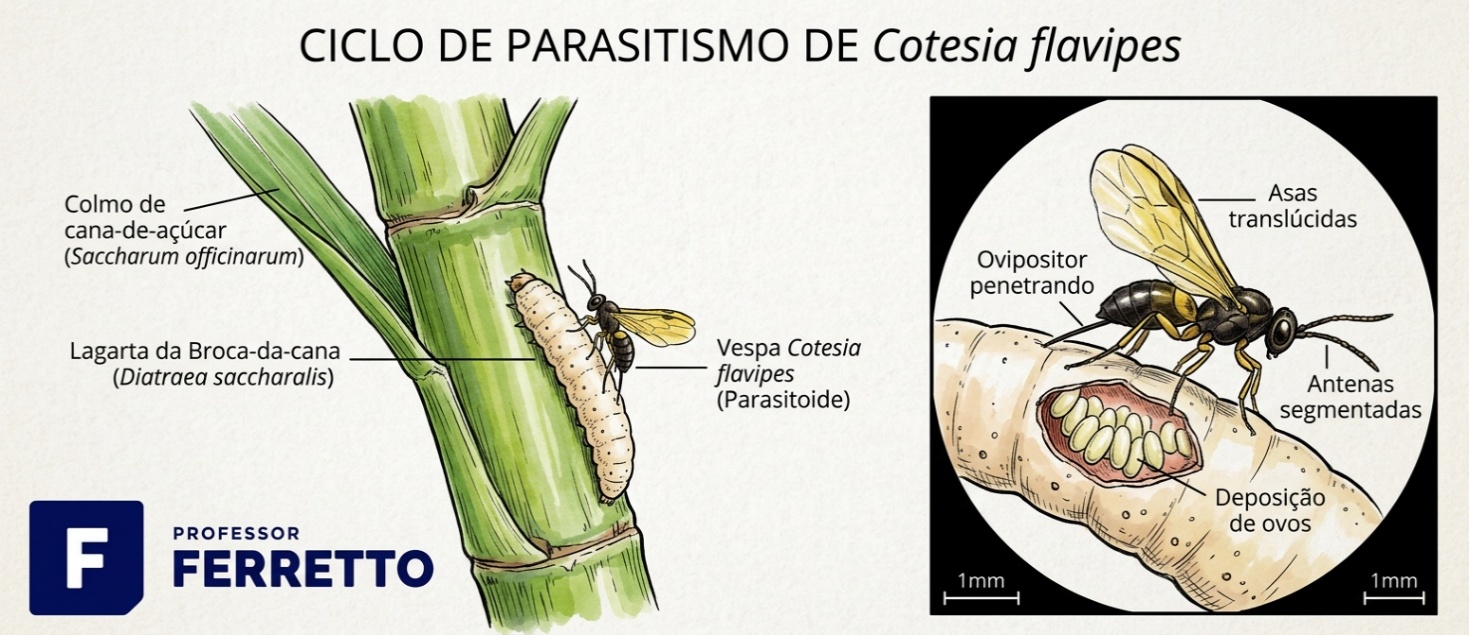 Vespa Cotesia flavipes depositando ovos em lagarta da broca-da-cana, exemplo de controle biológico de pragas